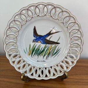 VINTAGE L'Amour China Hand Painted Plate Barn Swallow Openwork Border Gold Trim